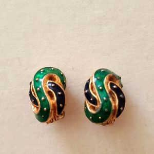 Womens David Hill vintage earrings blue/green/gold enamel, clip earrings